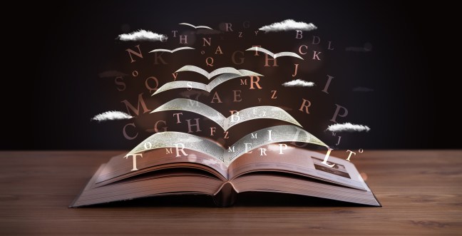 Pages and glowing letters flying out of a book