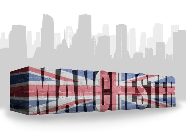text Manchester with national flag of great britain